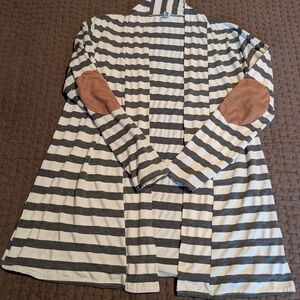 Striped Gray and White Cardigan with Tan Elbow Patches-no Size Tag-see Pics